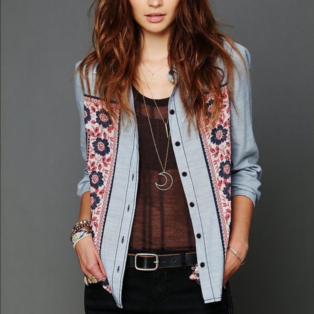 Free People Chambray Banadana Inset Button Down